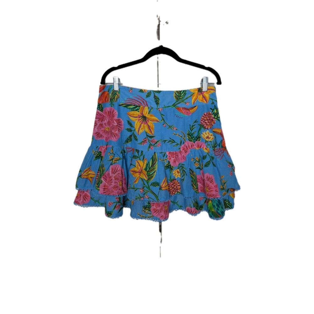 Farm Rio Blue Toucans Garden Tiered Cotton Skirt Womens Size L Resort